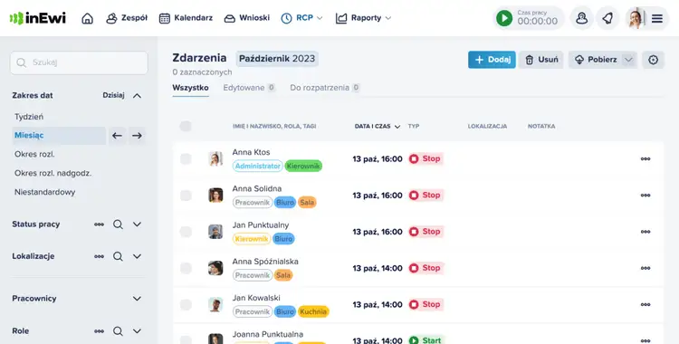 Rejestracja czasu pracy w inEwi