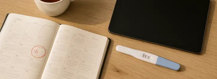 Biurko z testami ciążowymi, notesem i tabletem