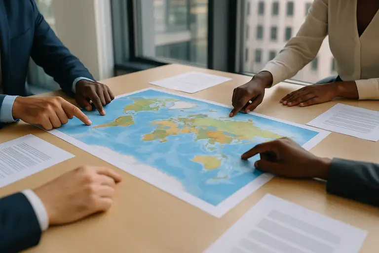 Zespół pracujący przy mapie świata