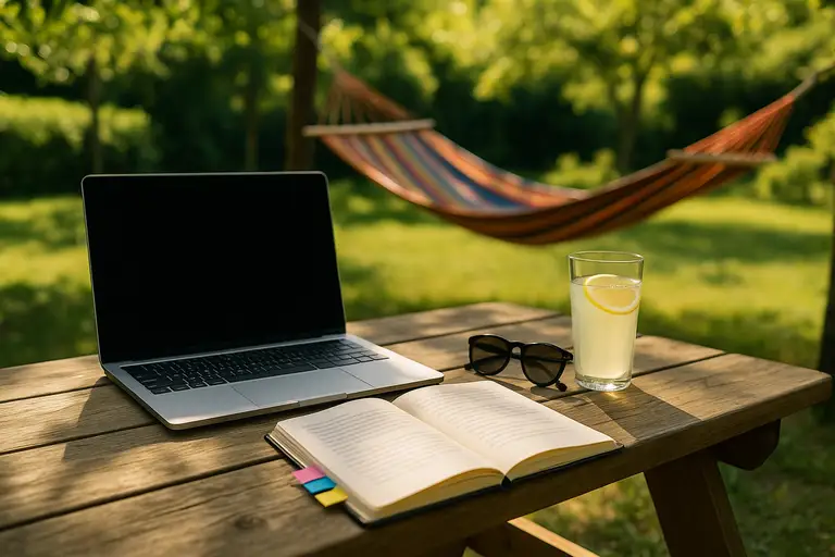 Laptop na letnim stoliku obok hamaka