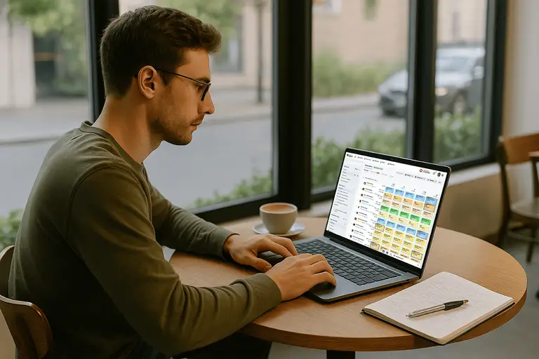 Mężczyzna liczący godziny pracy w aplikacji inEwi