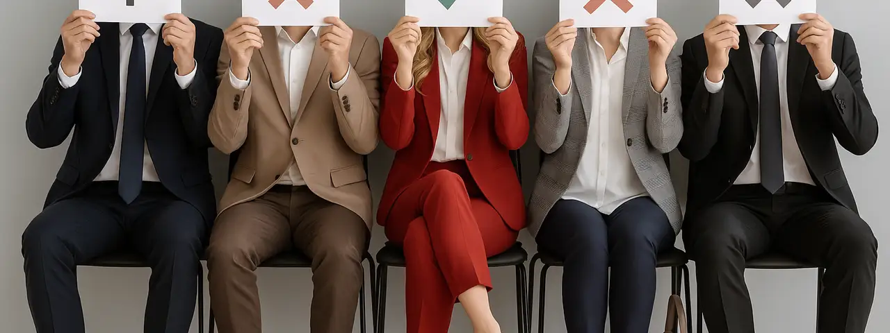 Pięć osób siedzących na krzesłach i trzymających kartki przed twarzami z oznaczeniem ich statusu w procesie rekrutacyjnym.