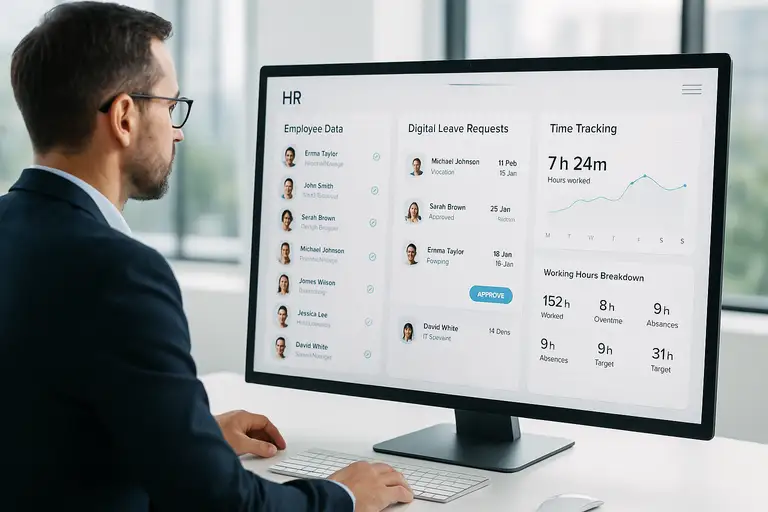 Pracownik działu HR przeglądający platformę do ewidencji czasu pracy