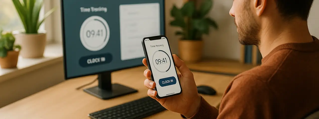 Pracownik korzystający z cyfrowego rejestratora czasu pracy