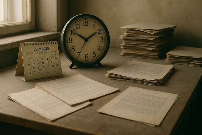 Stare biurko z papierową ewidencją czasu pracy i i zegarem retro