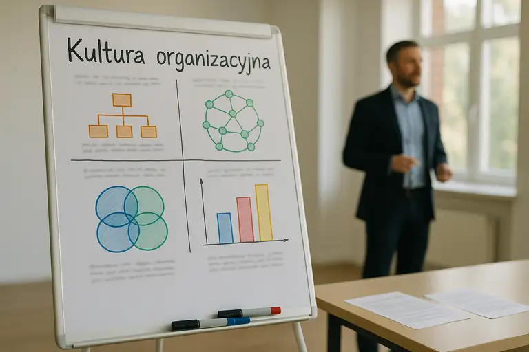 Tablica z napisem kultura organizacyjna i wykresami