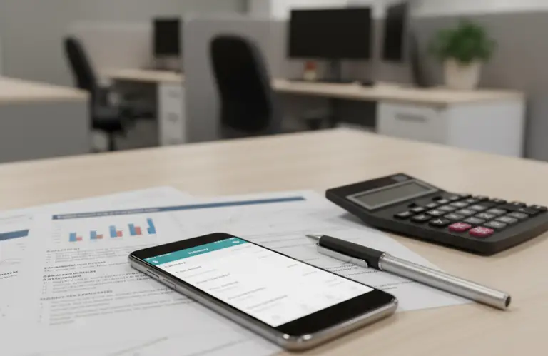 biurko z dokumentami i telefonem