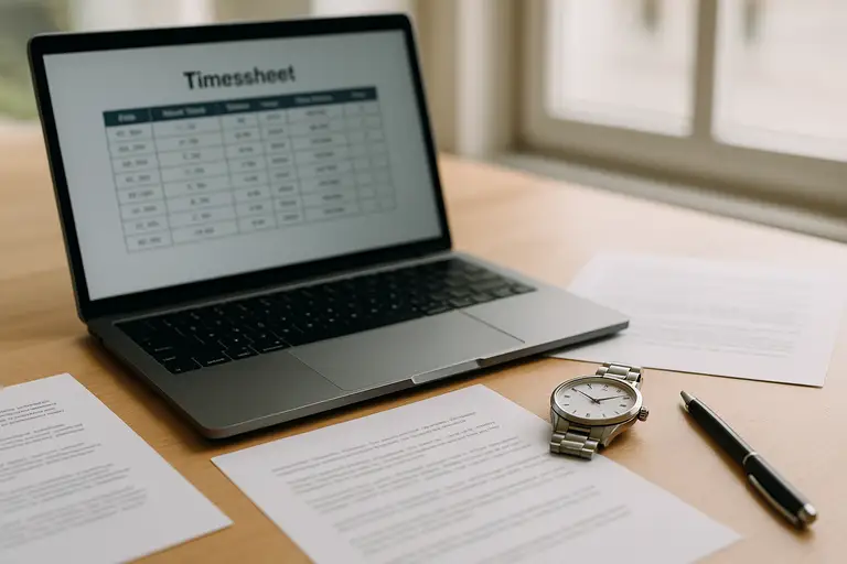 Biurko z laptopem i zegarkiem na rękę