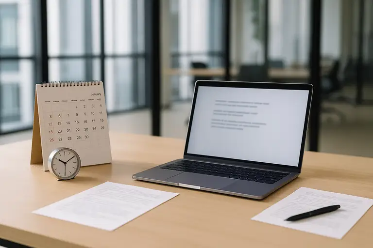 Biurko z laptopem, monitorem i zgerem