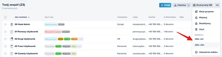 Eksportowanie listy pracowników z inEwi