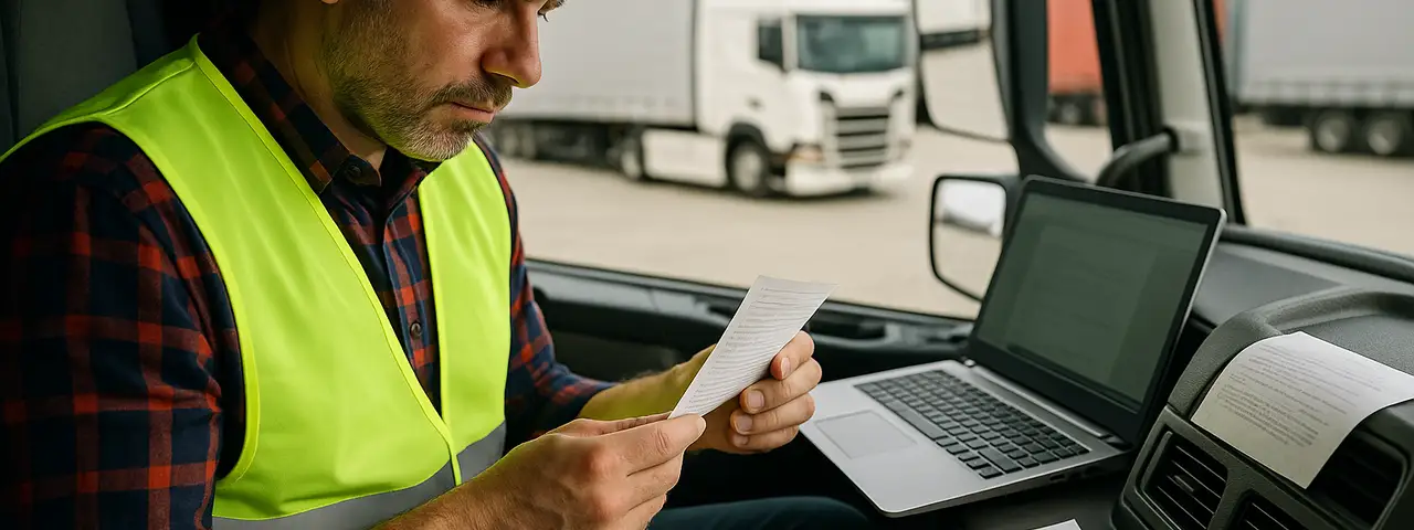 Kierowca ciężarówki przeglądający dokumenty ewidencji czasu pracy
