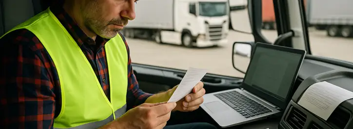 Kierowca ciężarówki przeglądający dokumenty ewidencji czasu pracy