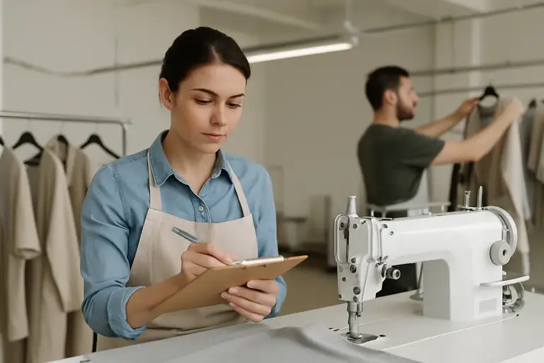 Kobieta weryfikująca pracę na akord w szwalni