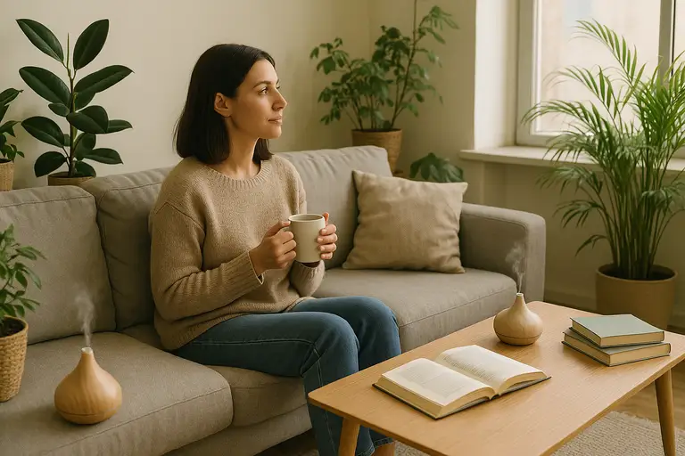 Kobieta na sofie z kubkiem kawy
