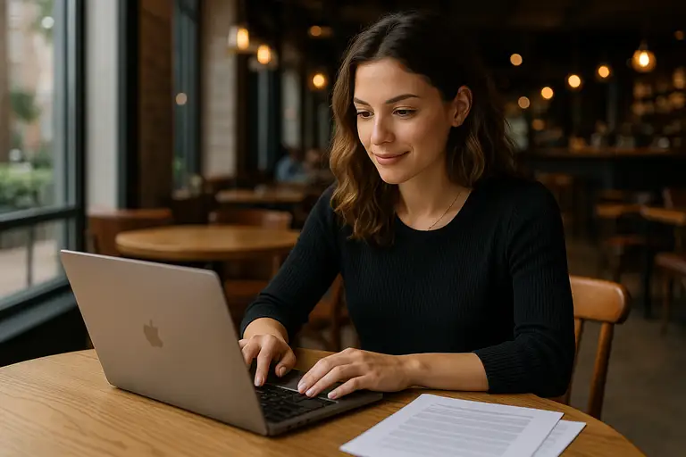 Kobieta pracująca na laptopie z kawiarni