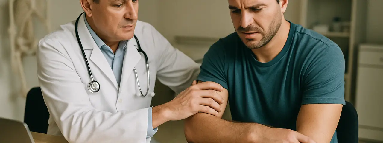 Lekarz orzecznik bada pacjenta, który uległ wypadkowi przy pracy