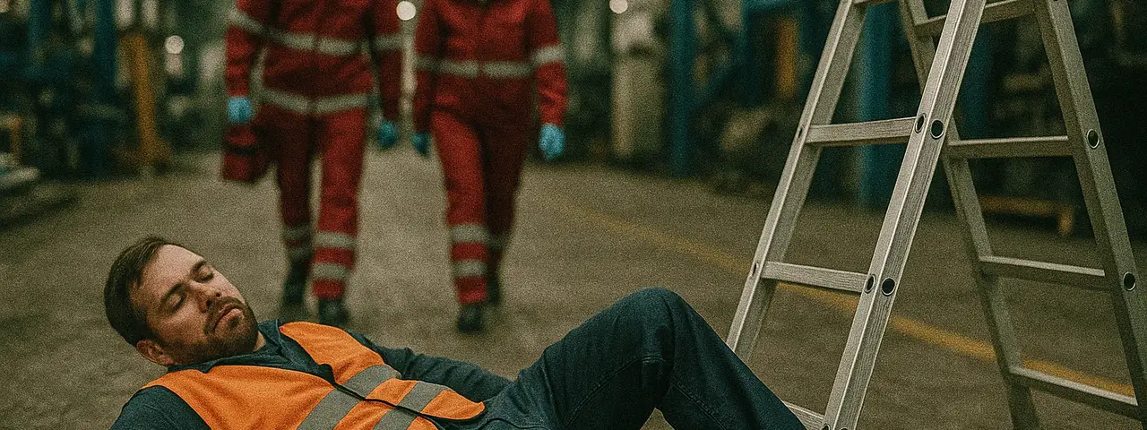 Mężczyzna, który spadł z drabiny i zbliżający się do niego ratownicy medyczni