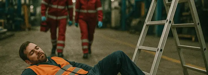 Mężczyzna, który spadł z drabiny i zbliżający się do niego ratownicy medyczni