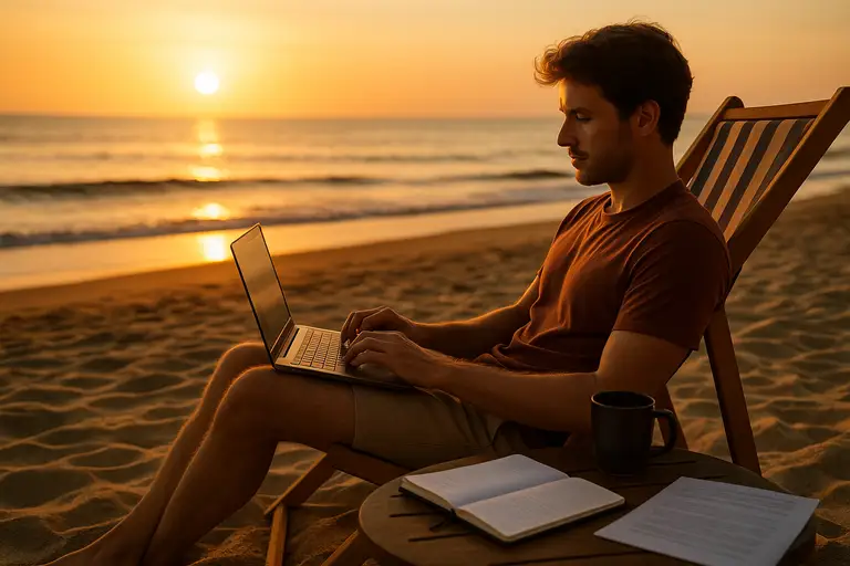Mężczyzna pracujący na plaży