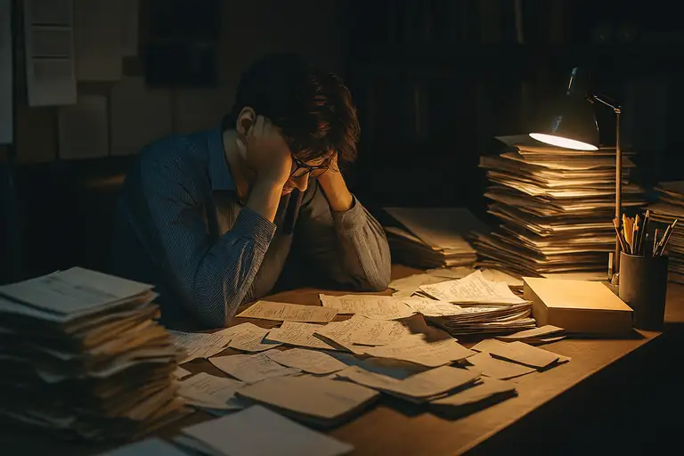 Mężczyzna pracujący późnym wieczorem w nadgodzinach przy biurku pełnym dokumentów
