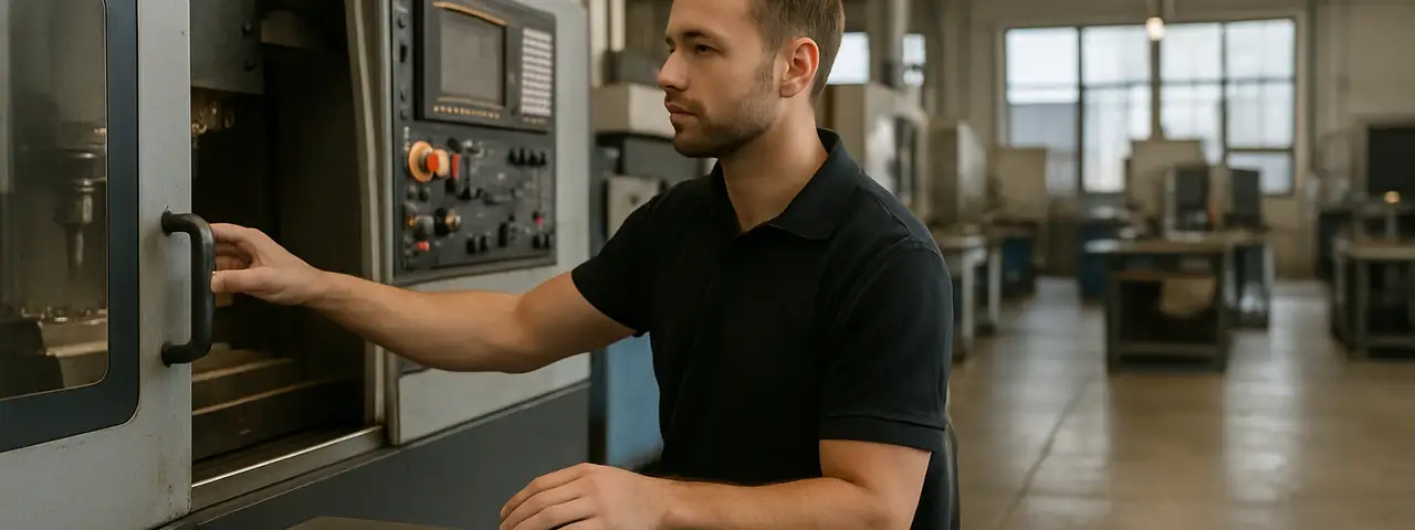 Mężczyzna przy maszynie w zakładzie produkcyjnym analizujący wyniki produktywności pracy