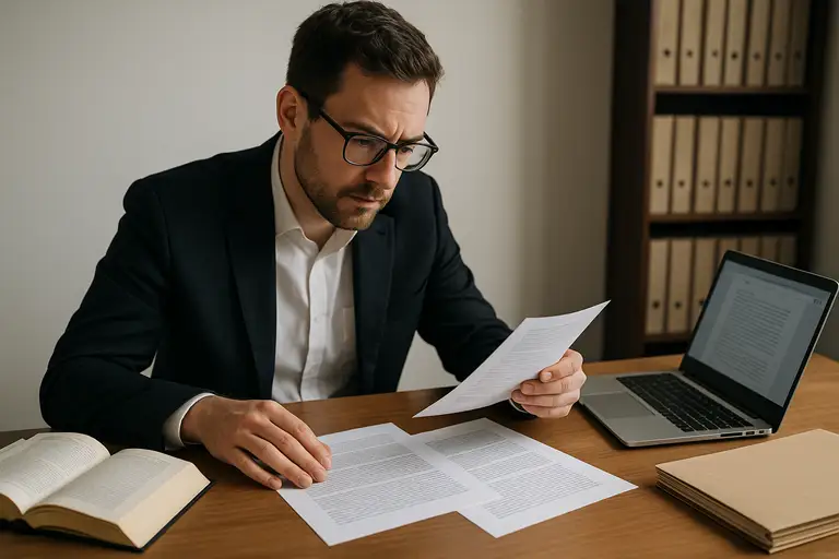 Mężczyzna w okularach analizujący dokumentację położoną na biurku