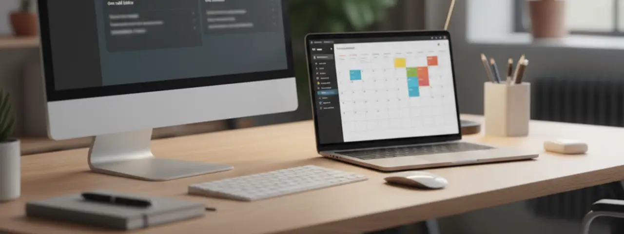 Biurko z otwartym laptopem i widocznym monitorem z ewidencją czasu pracy