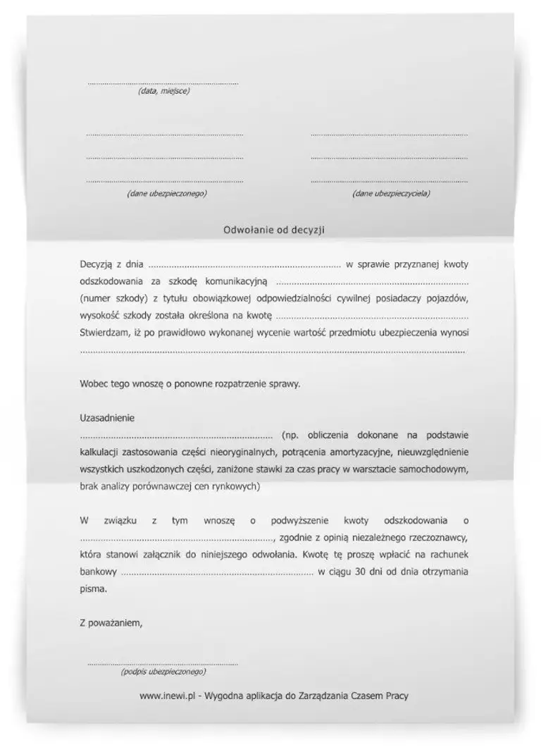 odwołanie od decyzji ubezpieczyciela