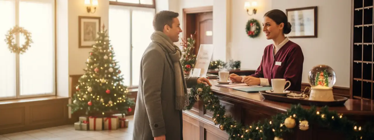 Recepcjonistka obsługuje gościa w hotelowej recepcji