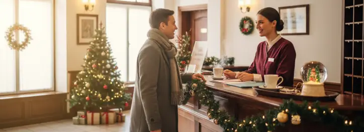 Recepcjonistka obsługuje gościa w hotelowej recepcji