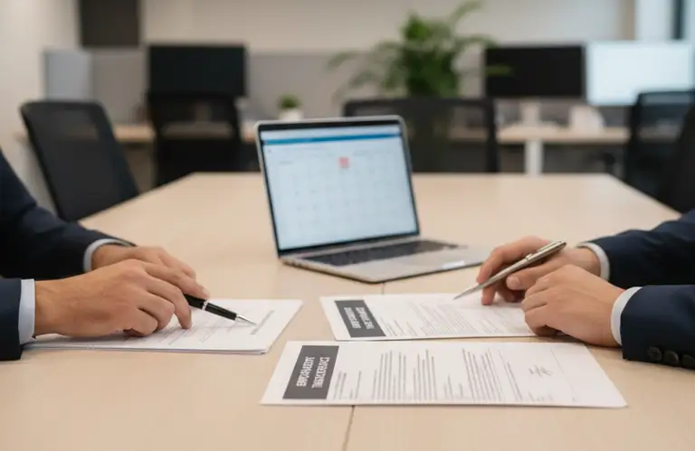 Pracownicy przy biurku analizujący dokumentację