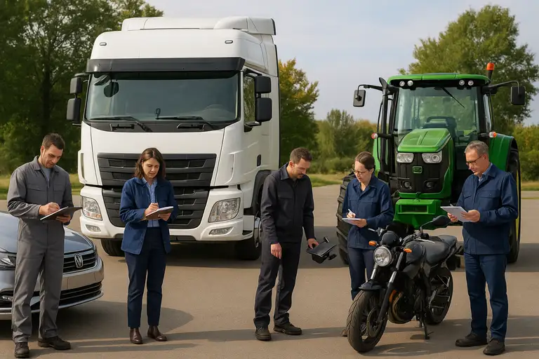 Zespół pracowników wydających świadectwo homologacji przy samochodzie ciężarowym i traktorze