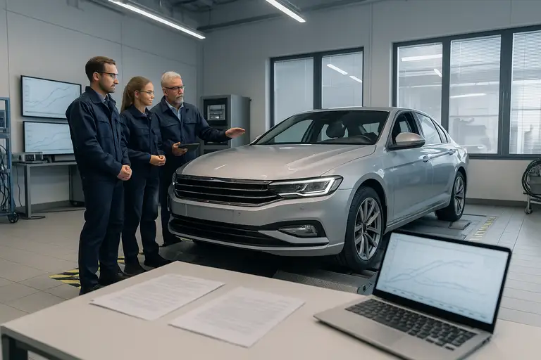 Pracownicy podczas badania technicznego pojazdu