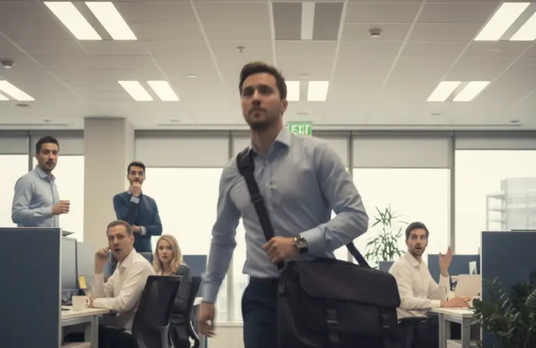 Pracownik w pośpiechu wychodzący z pracy