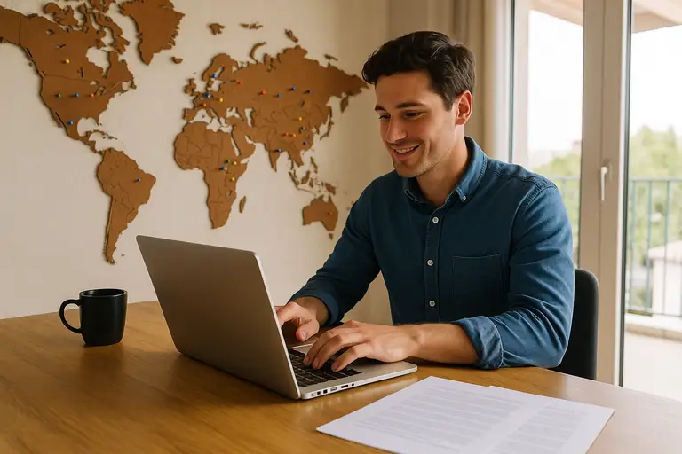 Pracownik pracujący na laptopie, obok niego na ścianie mapa świata