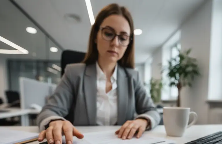 Kobieta analizuje dokumenty przy biurku