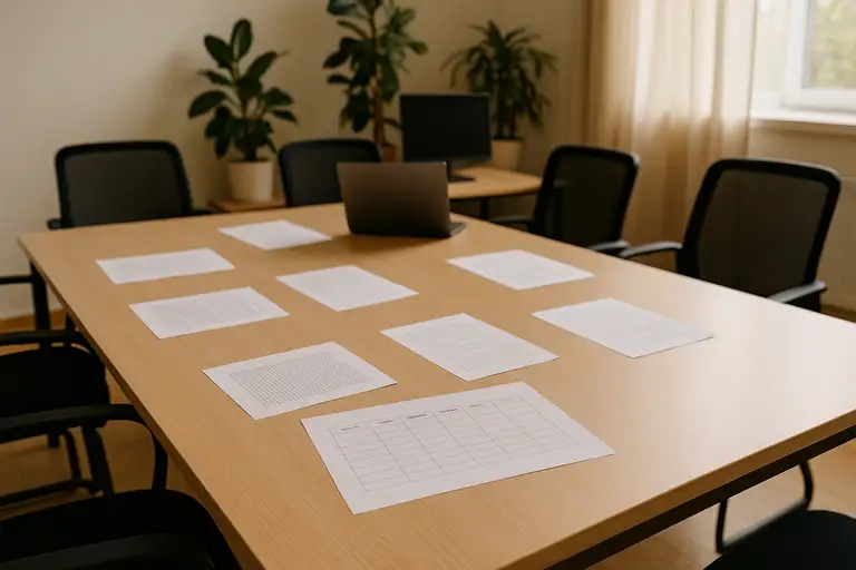 Stół konferencyjny pełen dokumentów