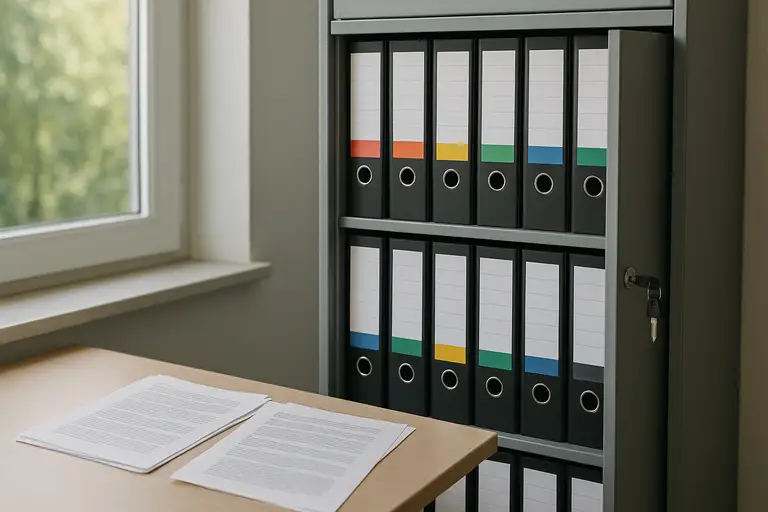 Szafa pełna segregatorów z ewidencją czasu pracy