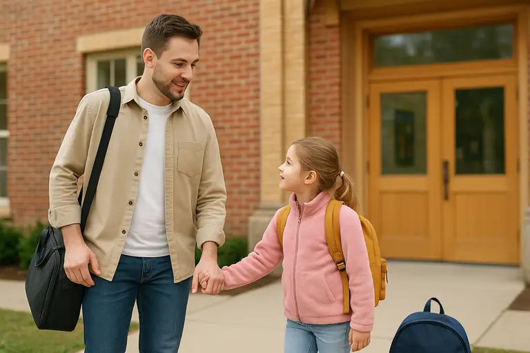 Tata odbierający córkę ze szkoły