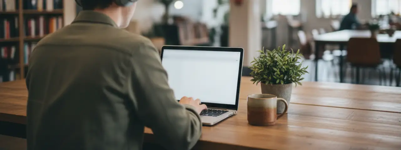 Mężczyzna w słuchawkach pracuje przy laptopie w biurze coworkingowym