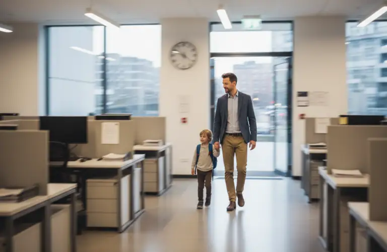 Ojciec prowadzący swojego syna przez biuro