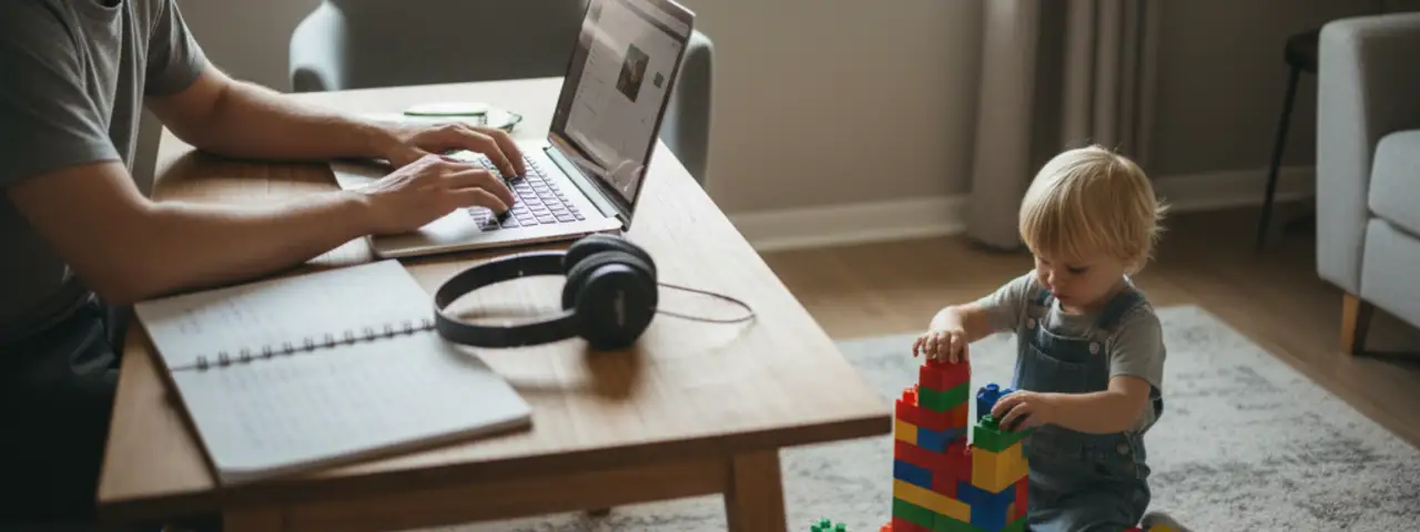 Pracujący ojciec przy laptopie ze swoim małym dzieckiem