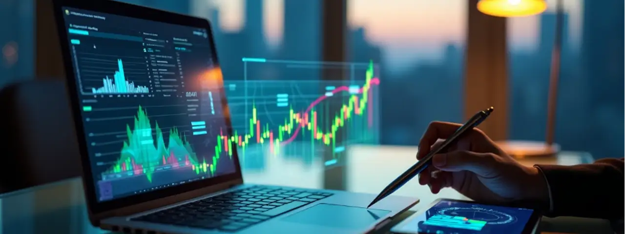 Analiza kluczowych wskaźników finansowych (KPI) i danych biznesowych na laptopie oraz tablecie w nowoczesnym biurze, z panoramą miasta w tle.