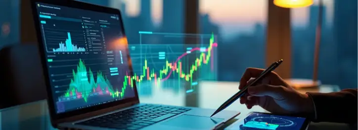 Analiza kluczowych wskaźników finansowych (KPI) i danych biznesowych na laptopie oraz tablecie w nowoczesnym biurze, z panoramą miasta w tle.