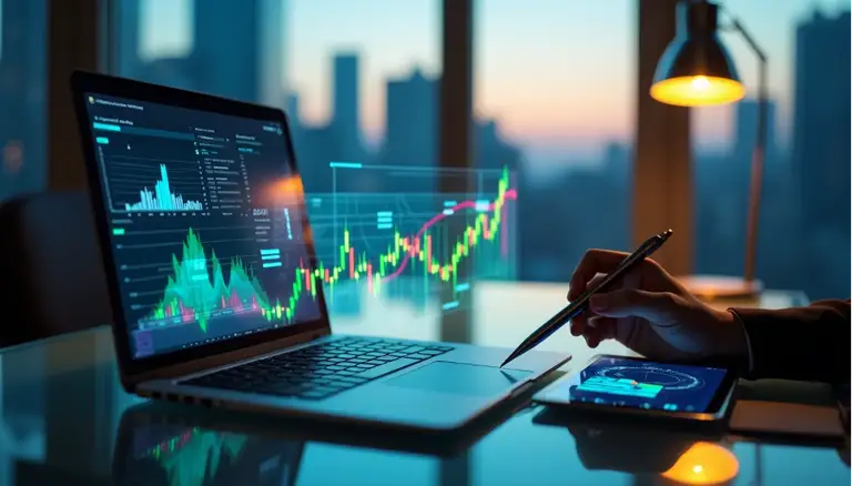 Analiza kluczowych wskaźników finansowych (KPI) i danych biznesowych na laptopie oraz tablecie w nowoczesnym biurze, z panoramą miasta w tle.
