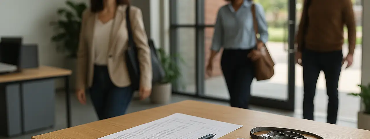 Zespół pracowników wchodzących do biura