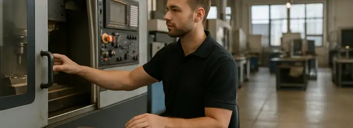 Mężczyzna przy maszynie w zakładzie produkcyjnym analizujący wyniki produktywności pracy